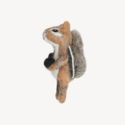 A felt chipmunk finger puppet on a against a white background.