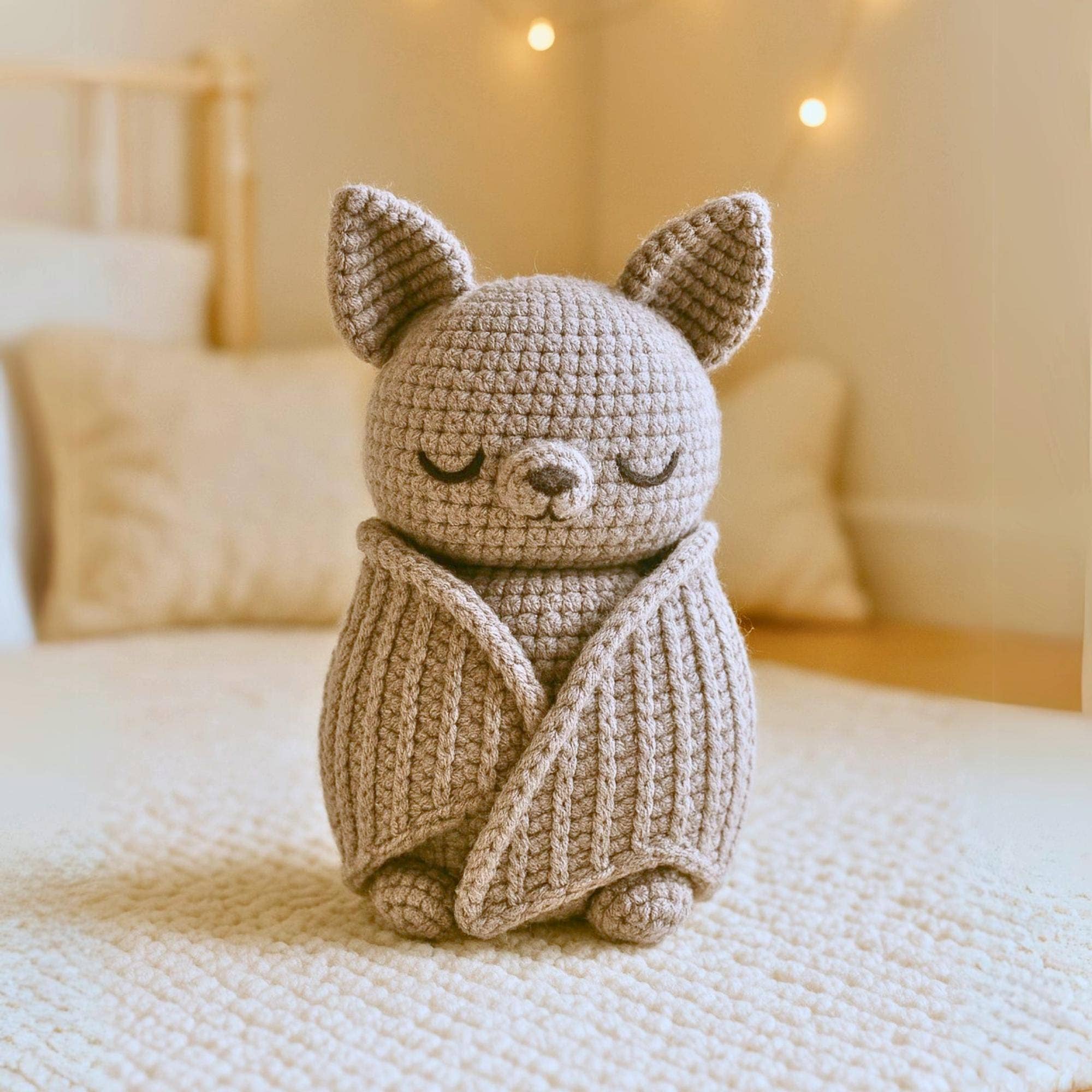 Crocheted bat toy on a bed with a blurred background