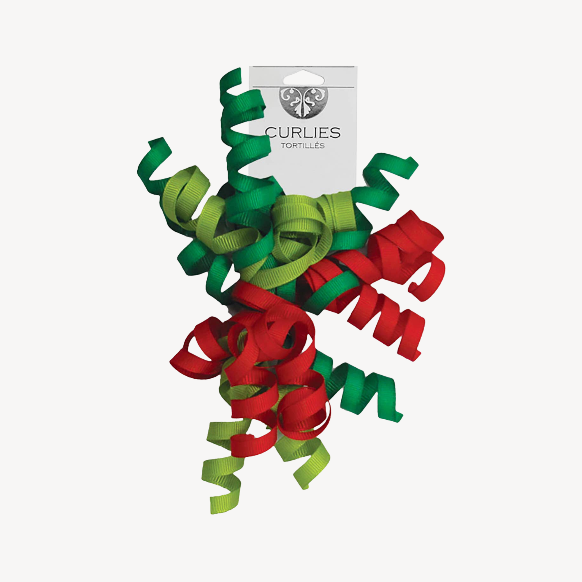 Green and red curly gift bow with 'Curlies' branding on a white background