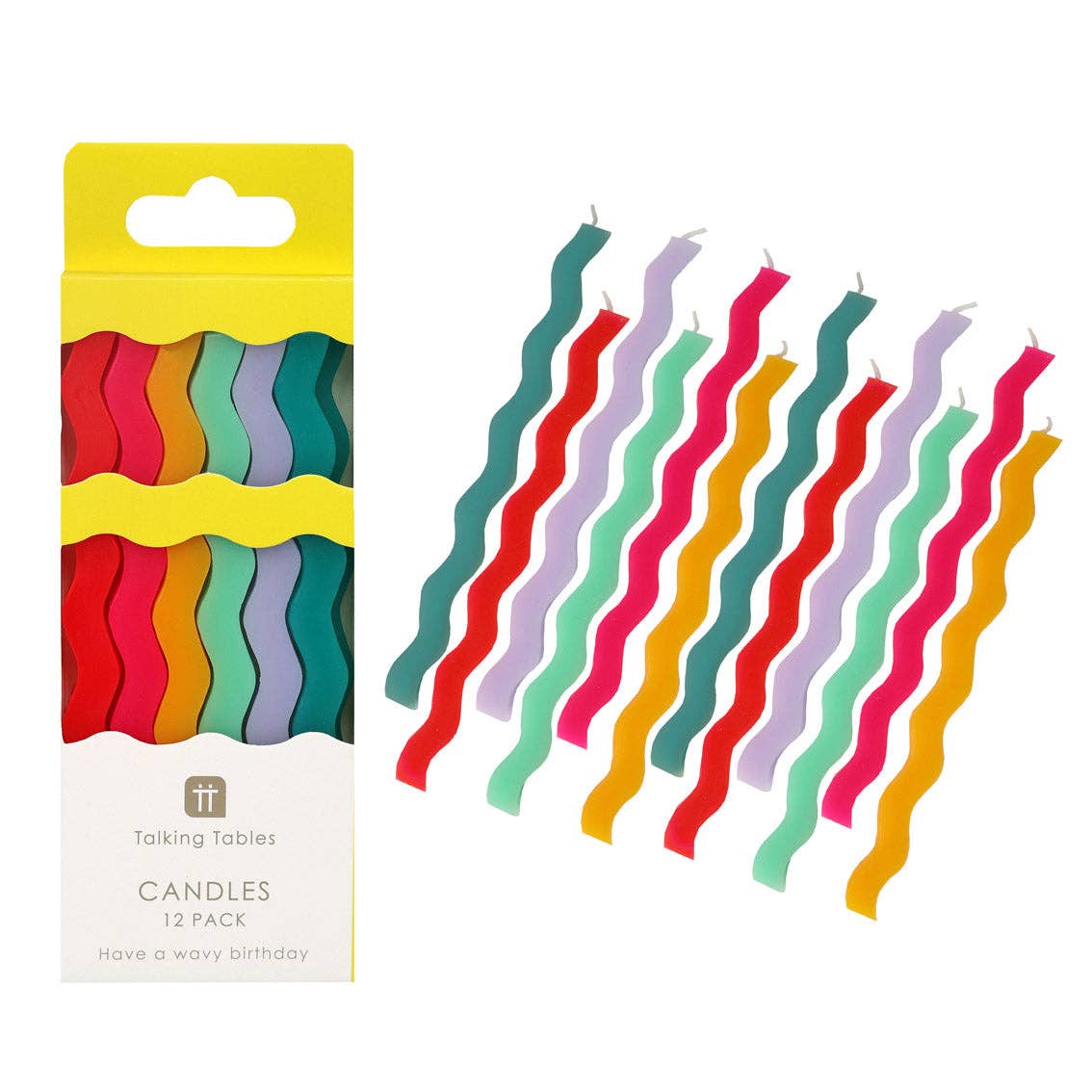 Set of colorful wavy birthday candles with packaging on a white background