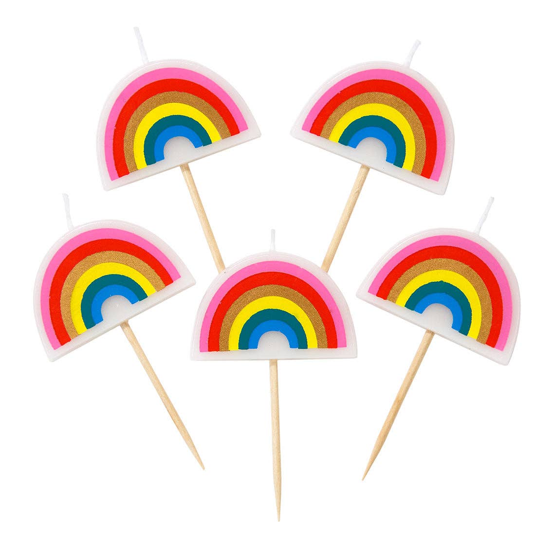 Five rainbow-shaped candles on sticks against a white background