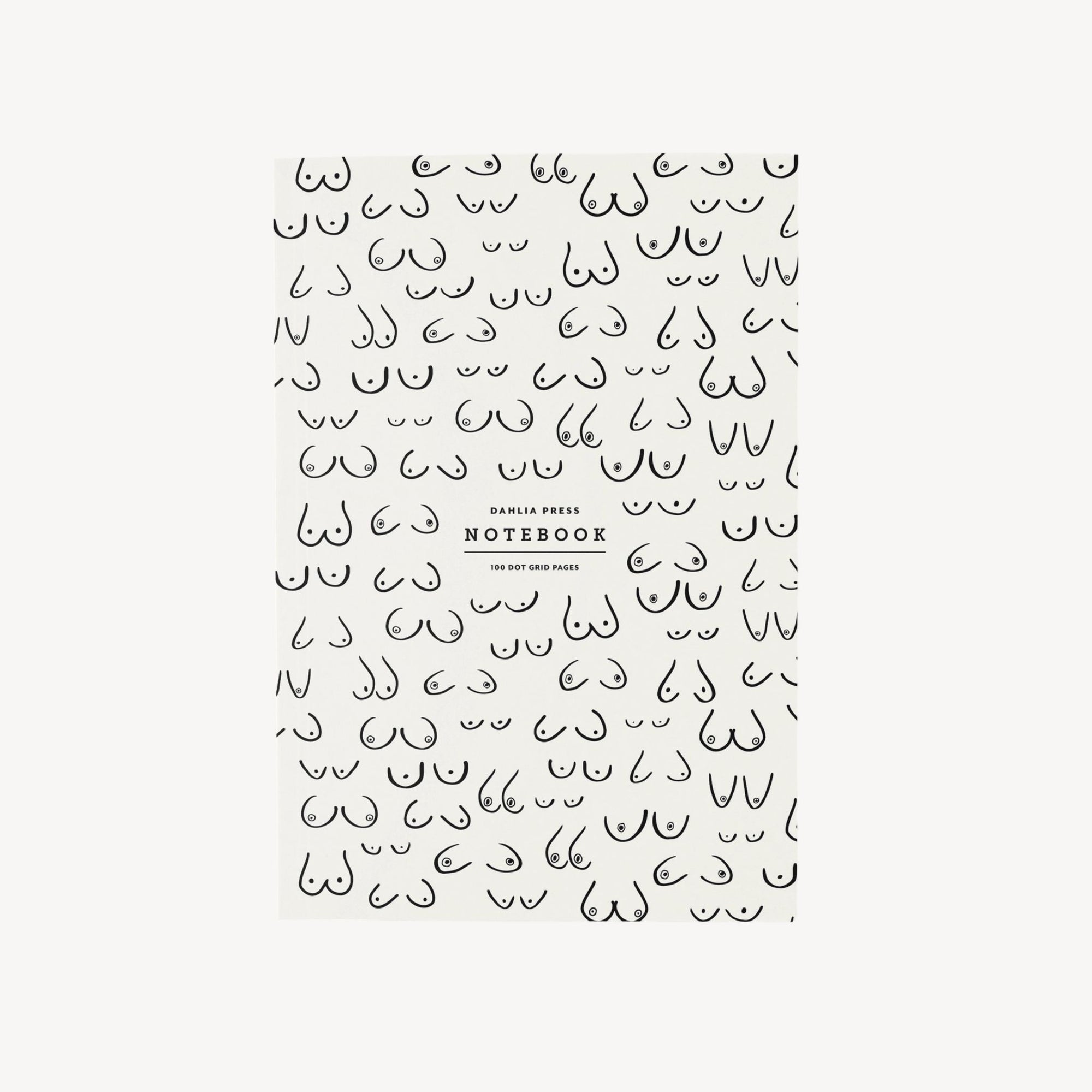 Notebook cover with illustrated breast pattern and simple branding on a white background