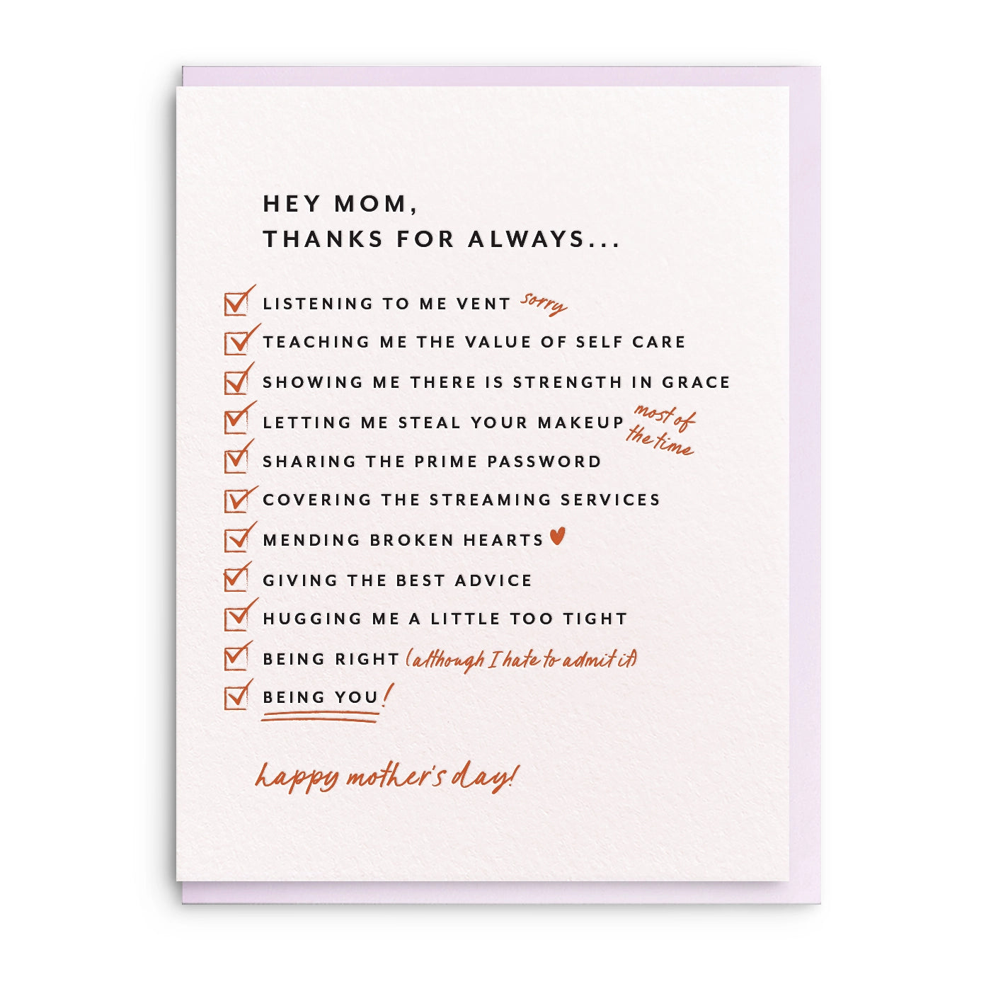 Mother's Day card with humorous checklist for mom on a white background