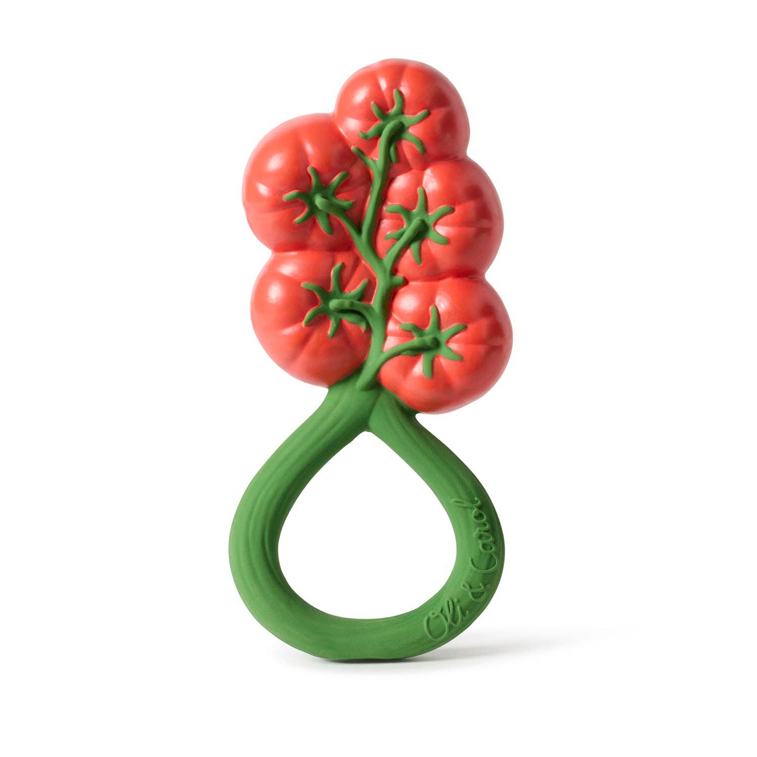 Teething ring designed like a tomato plant on a white background