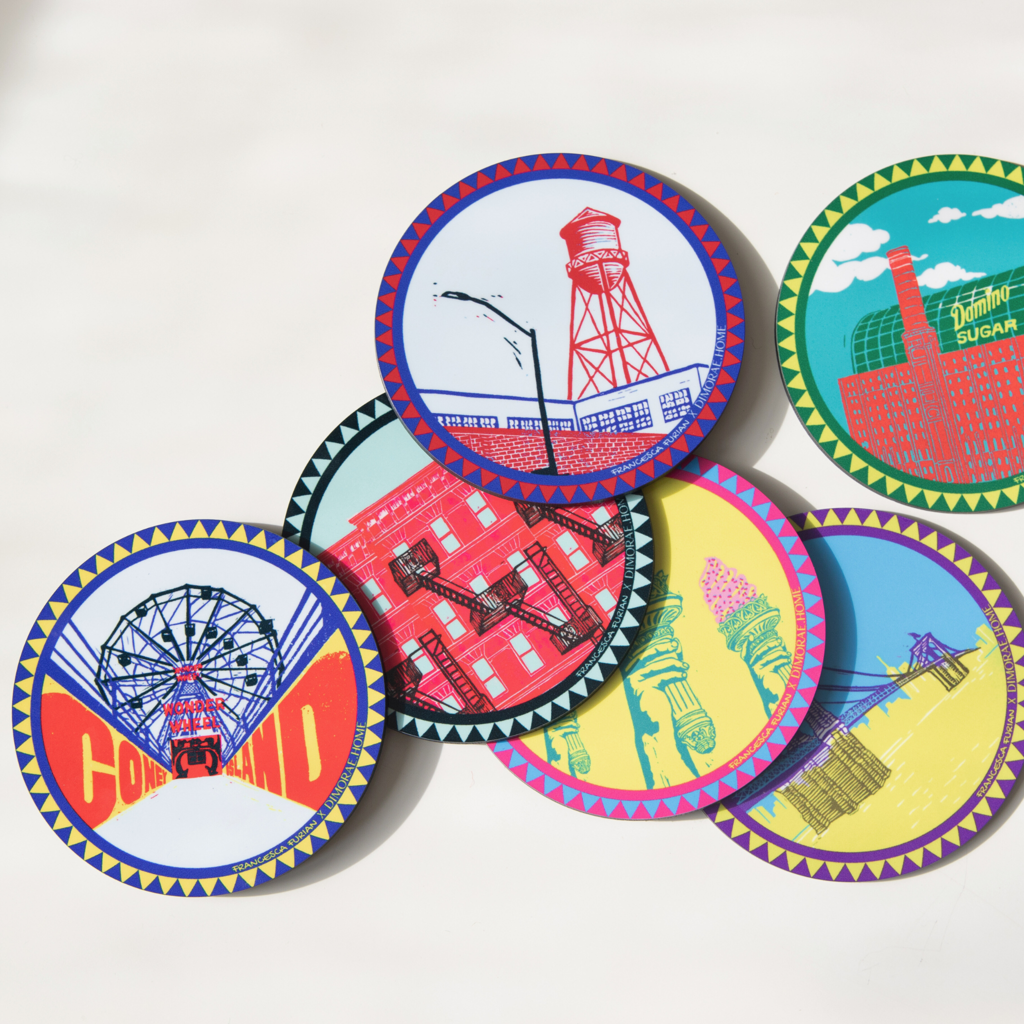 Dimorae Around Brooklyn Coaster Set featuring detailed Brooklyn skyline design on cork coasters.