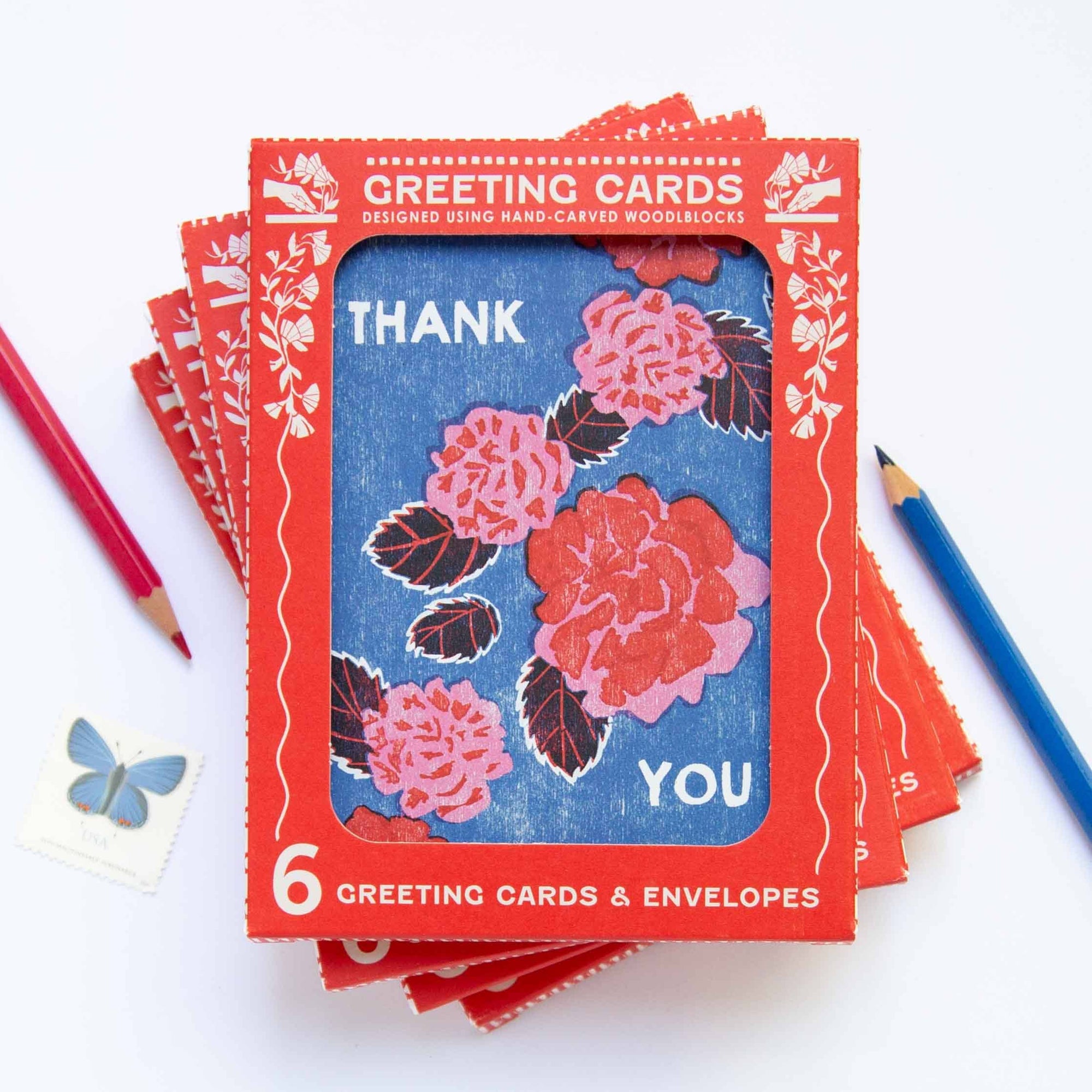 Red Peonies Thank You Notecard Set