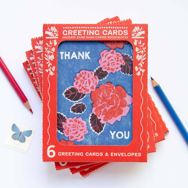 Red Peonies Thank You Notecard Set