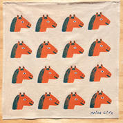 Fabric with orange horse heads pattern on a beige background, branded 'Nice Life'.