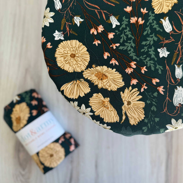 Floral patterned bowl cover on a light background