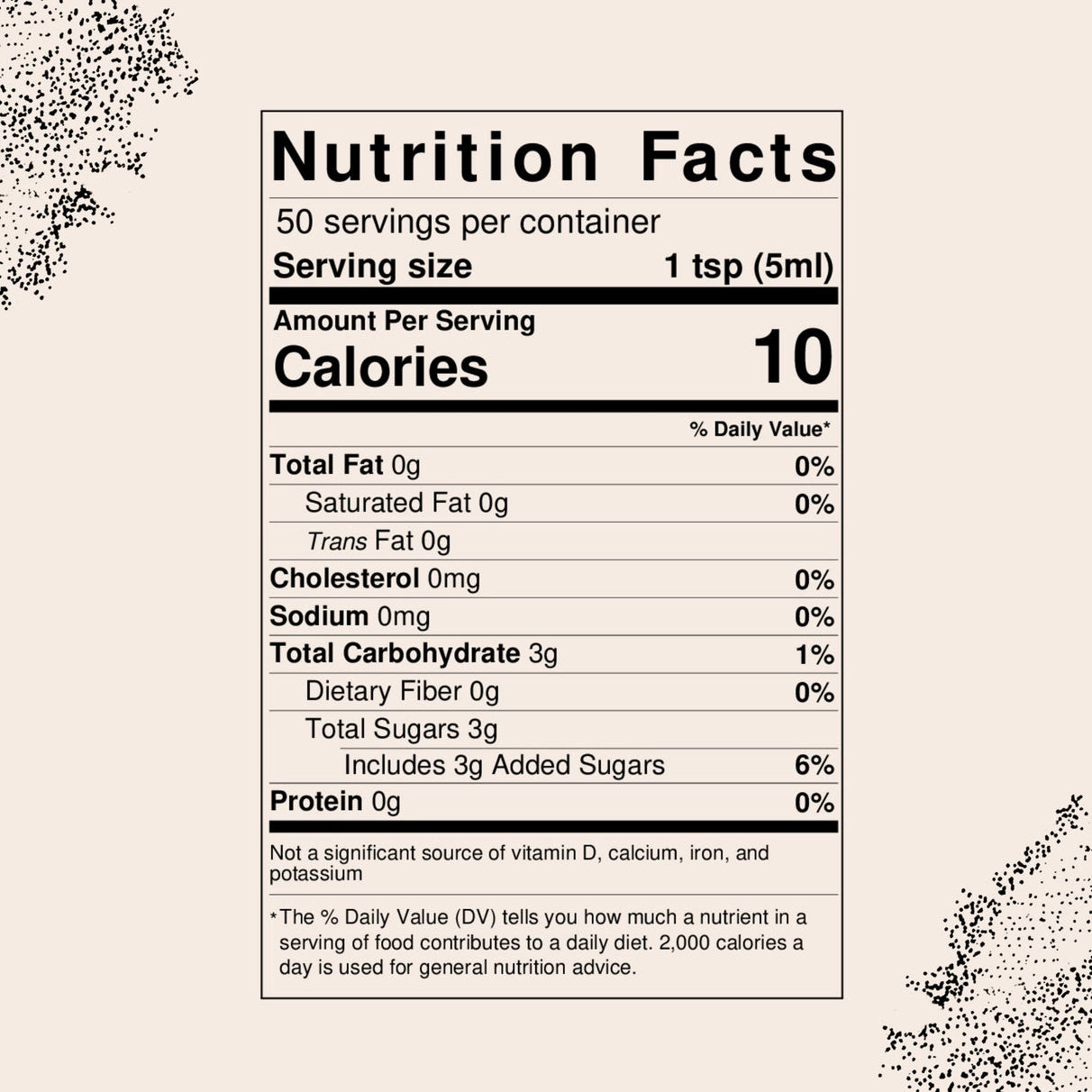 A Nutrition Facts label centered on a light beige background with decorative black speckled corner flourishes. The label shows 10 calories per serving and lists nutrients such as total fat, cholesterol, sodium, dietary fiber, and sugars.
