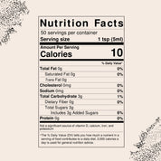 A Nutrition Facts label centered on a light beige background with decorative black speckled corner flourishes. The label shows 10 calories per serving and lists nutrients such as total fat, cholesterol, sodium, dietary fiber, and sugars.