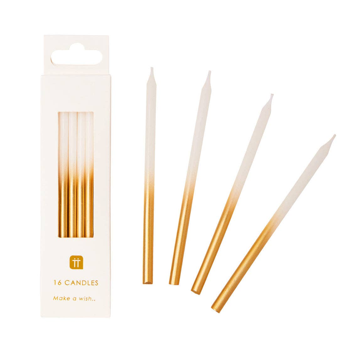 Gold and white gradient candles with packaging on a white background
