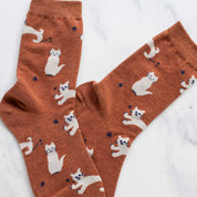 Pair of brown socks with cat pattern on a white background