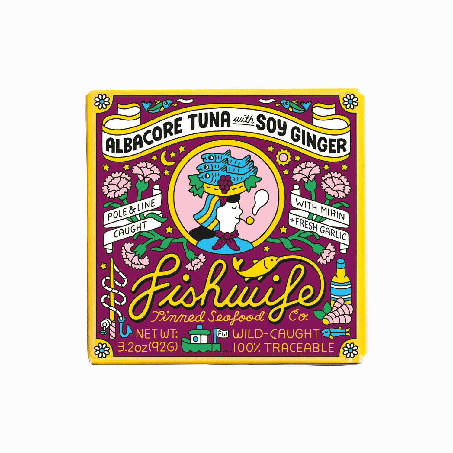 Colorful label of Fishwife canned tuna with soy ginger on a white background