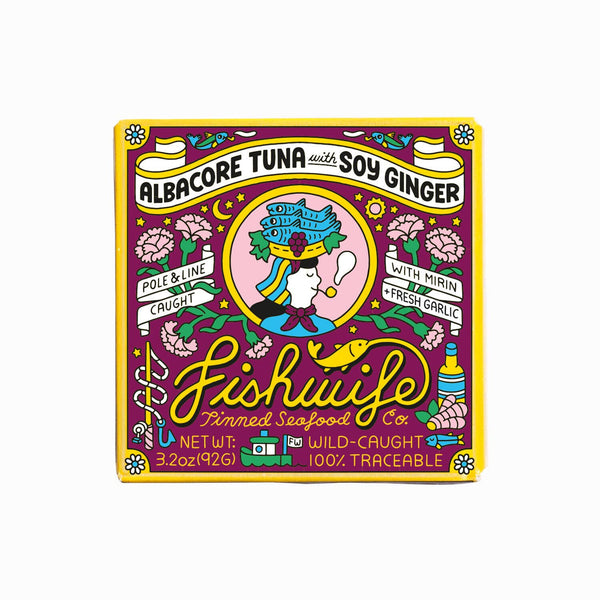 Colorful label of Fishwife canned tuna with soy ginger on a white background