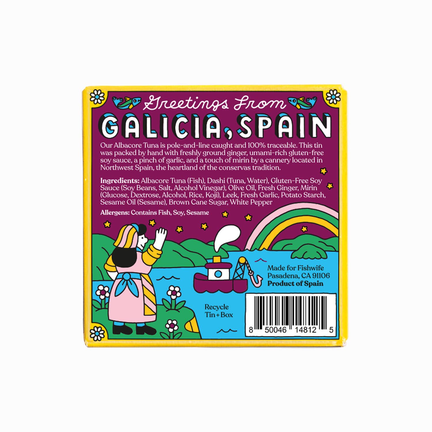 Colorful label from Galicia, Spain with illustrations and text.