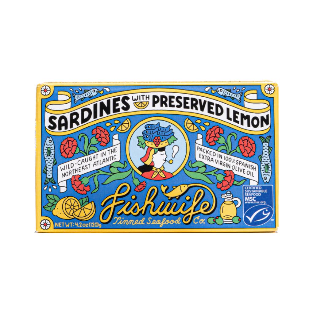 Fishwife sardines with preserved lemon packaging on a white background