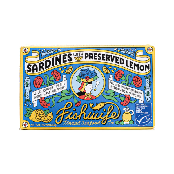 Fishwife sardines with preserved lemon packaging on a white background