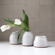Three white ceramic vases with a single white tulip on a neutral background