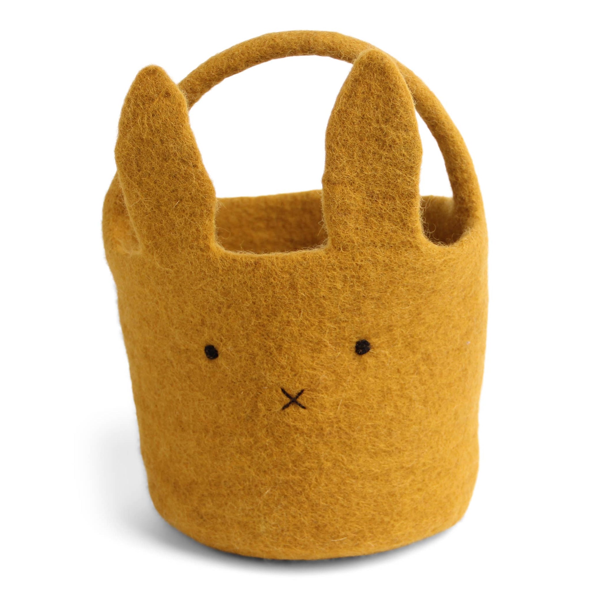 Yellow felt basket with rabbit ears and face on a white background