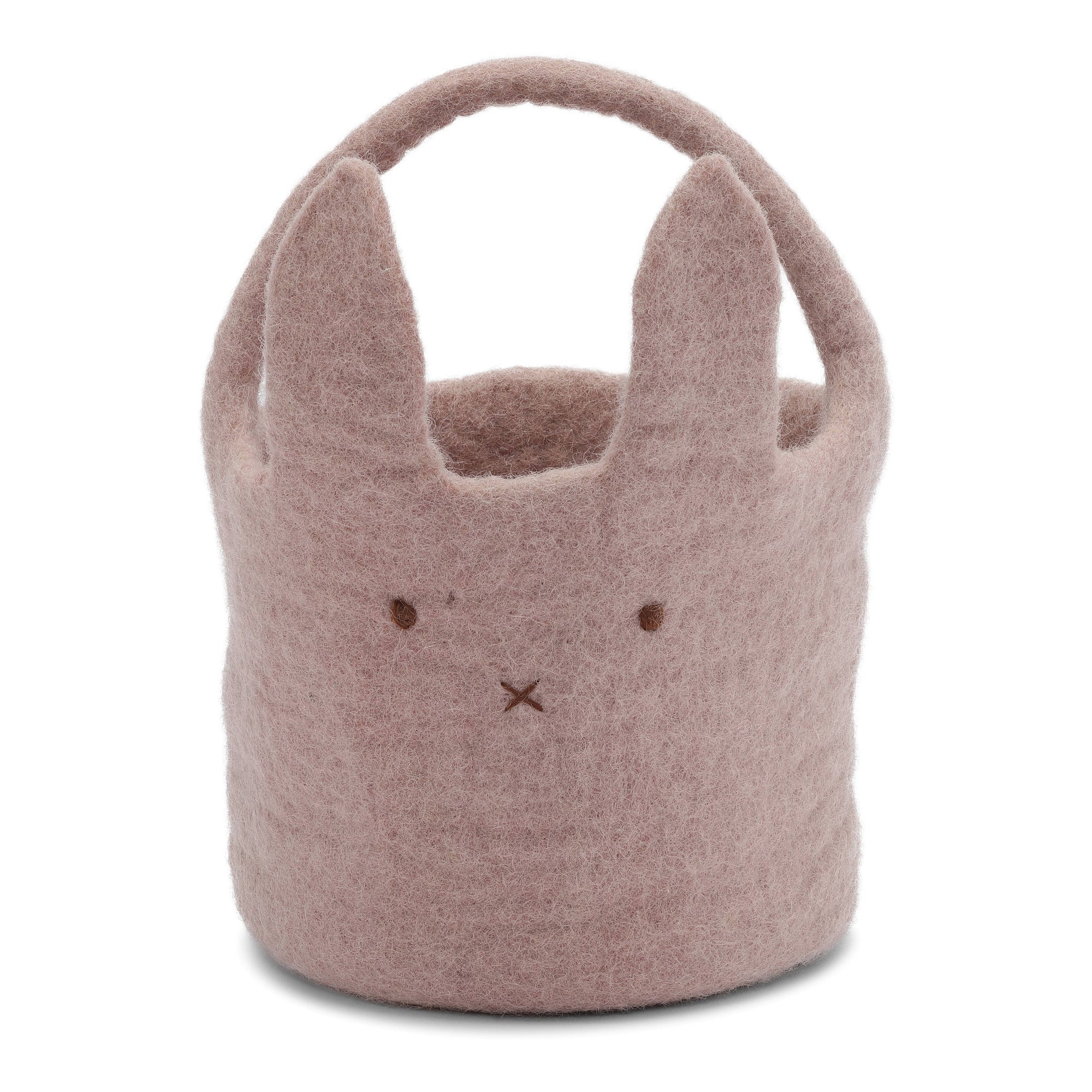 Pink felt basket with bunny ears and face on a white background