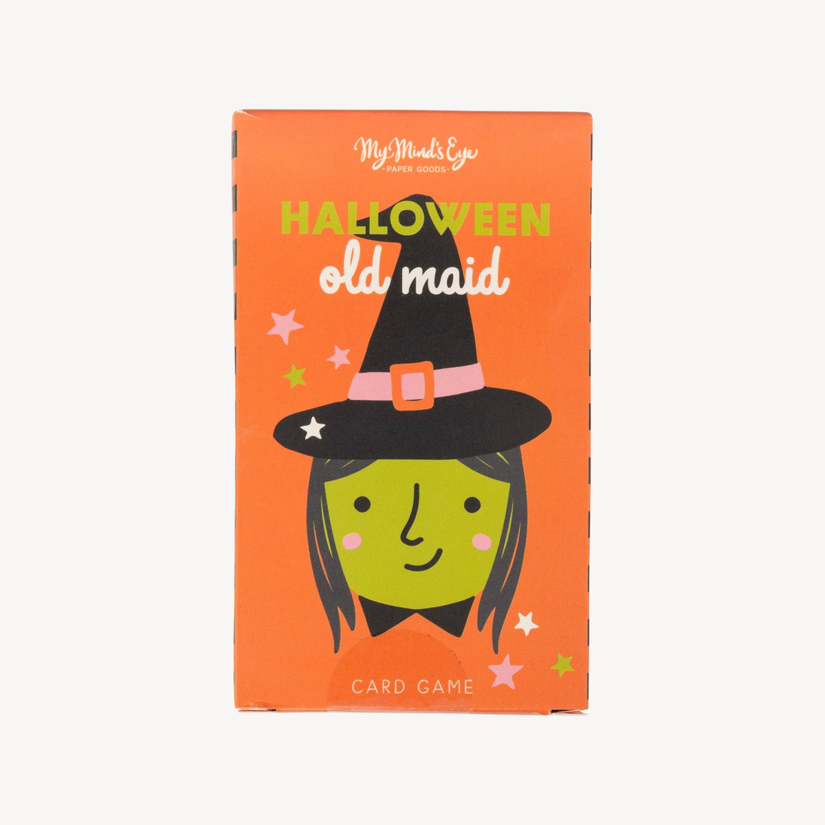 Halloween card game box titled 'Halloween old maid' by MyMind'sEye Press. The box features a bright orange background with a cartoon witch illustration wearing a black hat with a pink band and a green face.