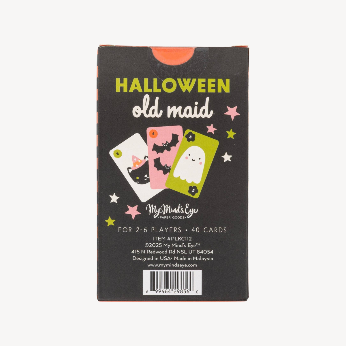 Halloween Old Maid card game box by My Mind's Eye, featuring a black background with yellow and white text, three illustrated playing cards, and small star graphics.