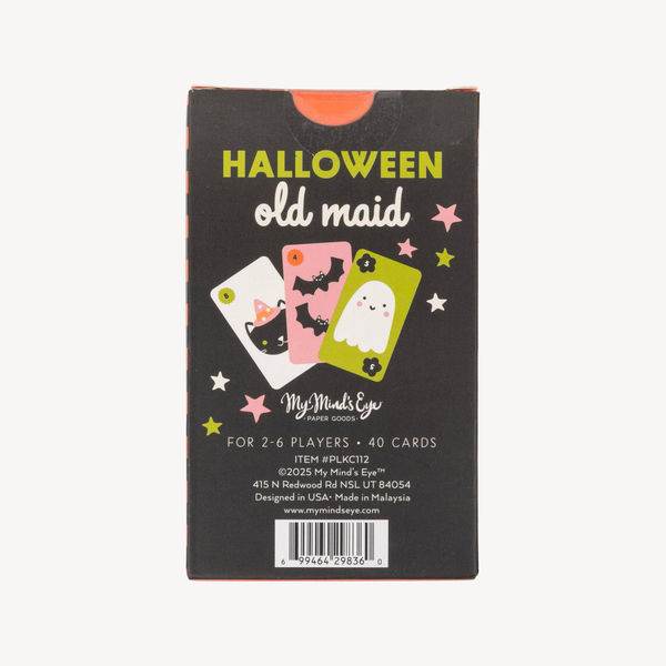 Halloween Old Maid card game box by My Mind's Eye, featuring a black background with yellow and white text, three illustrated playing cards, and small star graphics.