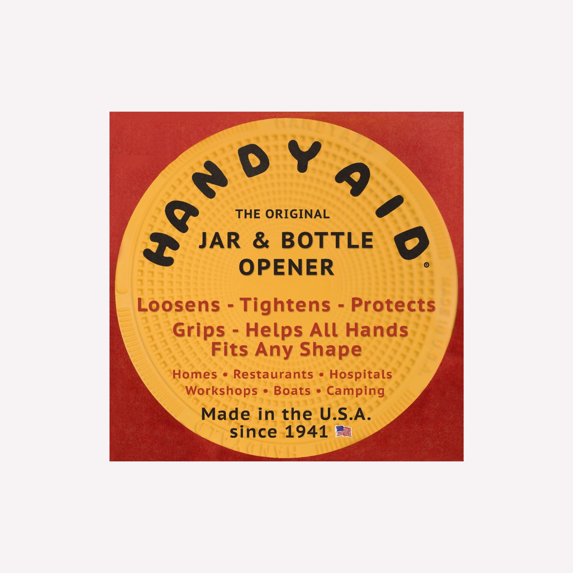 Handy Aid jar and bottle opener label on a red background