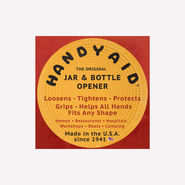 Handy Aid jar and bottle opener label on a red background