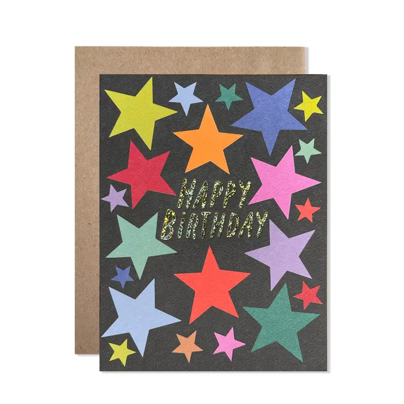 Happy Birthday Stars Greeting Card by Hartland Cards featuring colorful star designs and festive typography.
