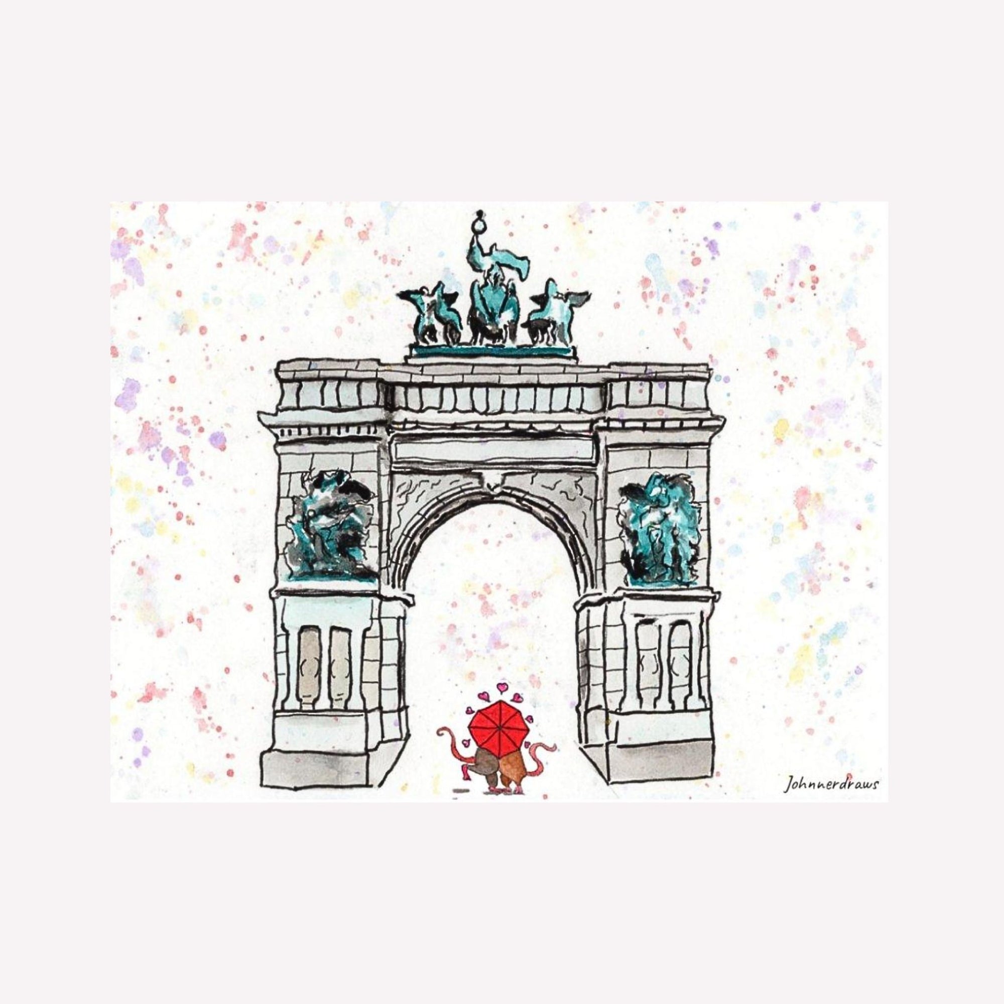 Image of two mice under a red umbrella with hearts standing under a historic arch in prospect park brooklyn.