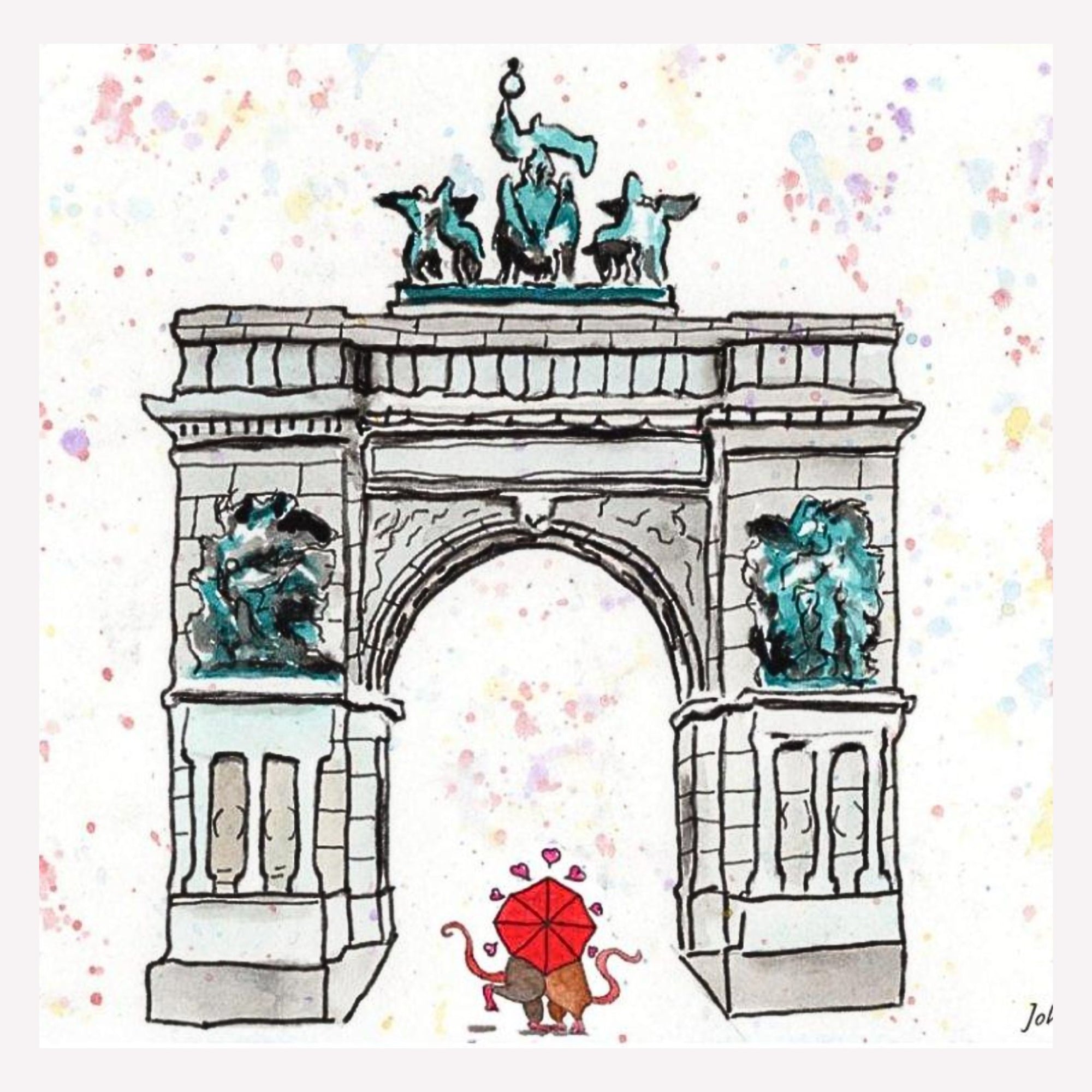 Image of two mice under a red umbrella with hearts standing under a historic arch in prospect park brooklyn.