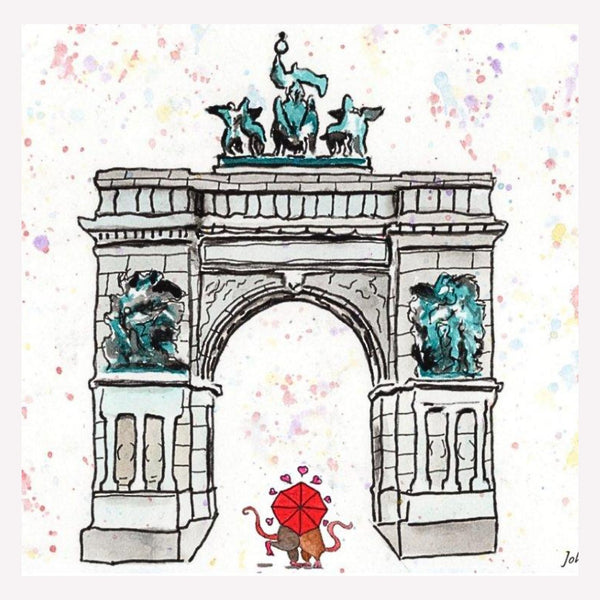Image of two mice under a red umbrella with hearts standing under a historic arch in prospect park brooklyn.