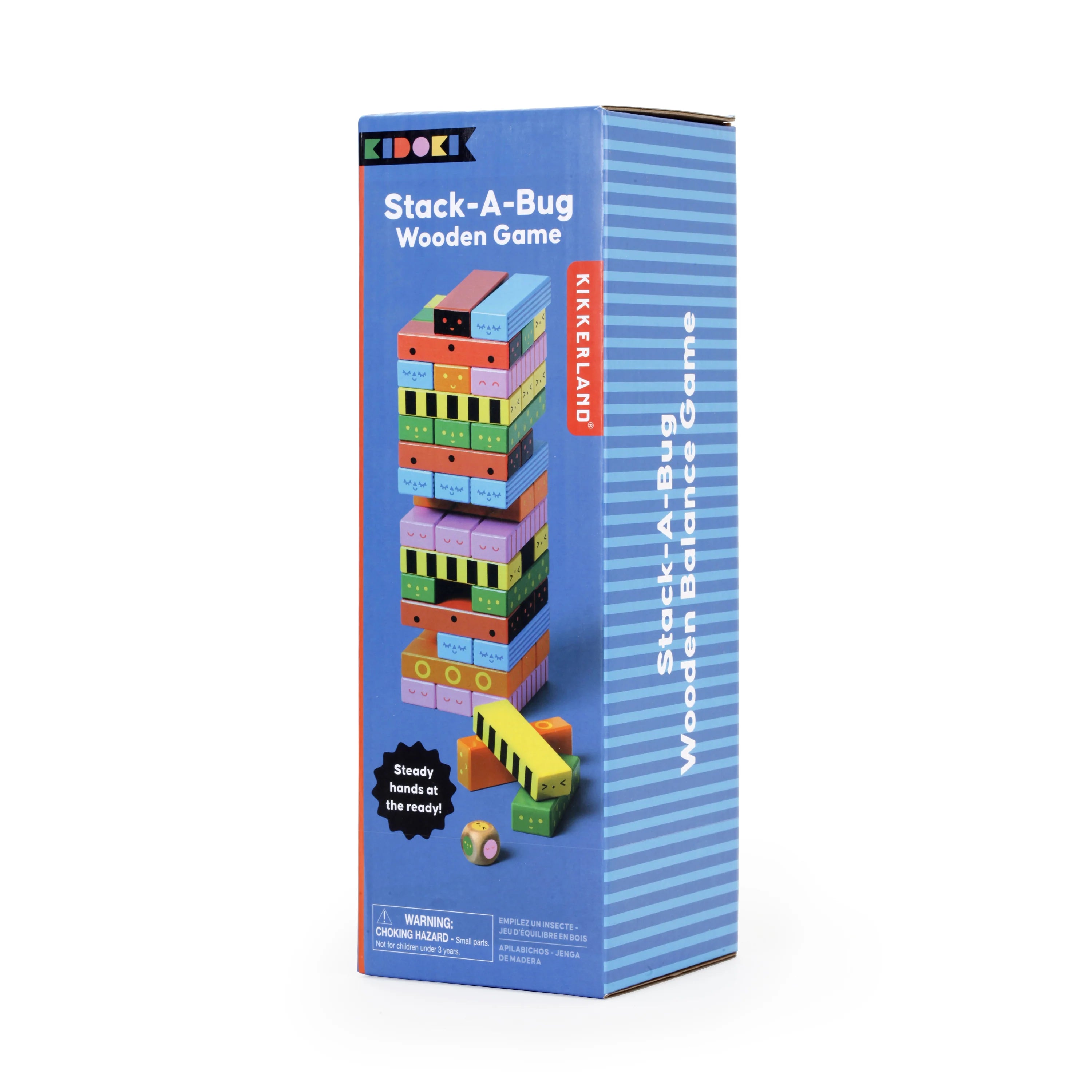 Stack A Bug wooden toy game by Kikkerland Design Inc featuring colorful stacked bug shapes on a wooden base.