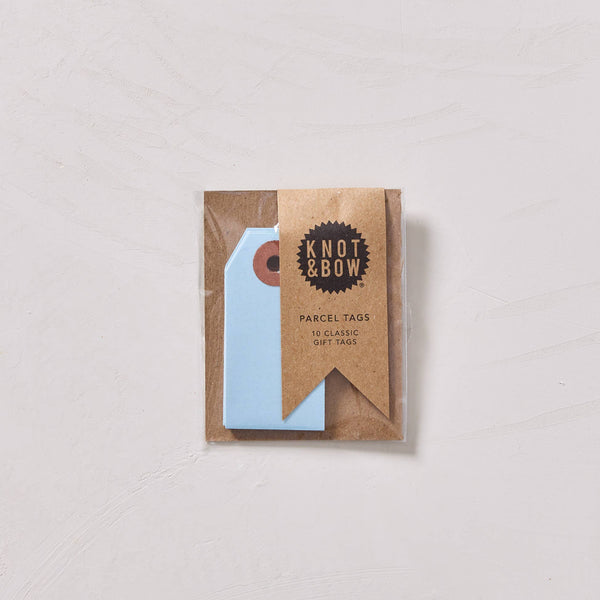 Package of light blue gift tags on a plain background.