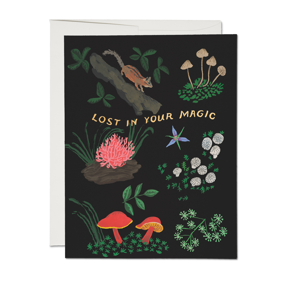 Greeting card with nature-themed illustrations and 'Lost in Your Magic' text on a black background.