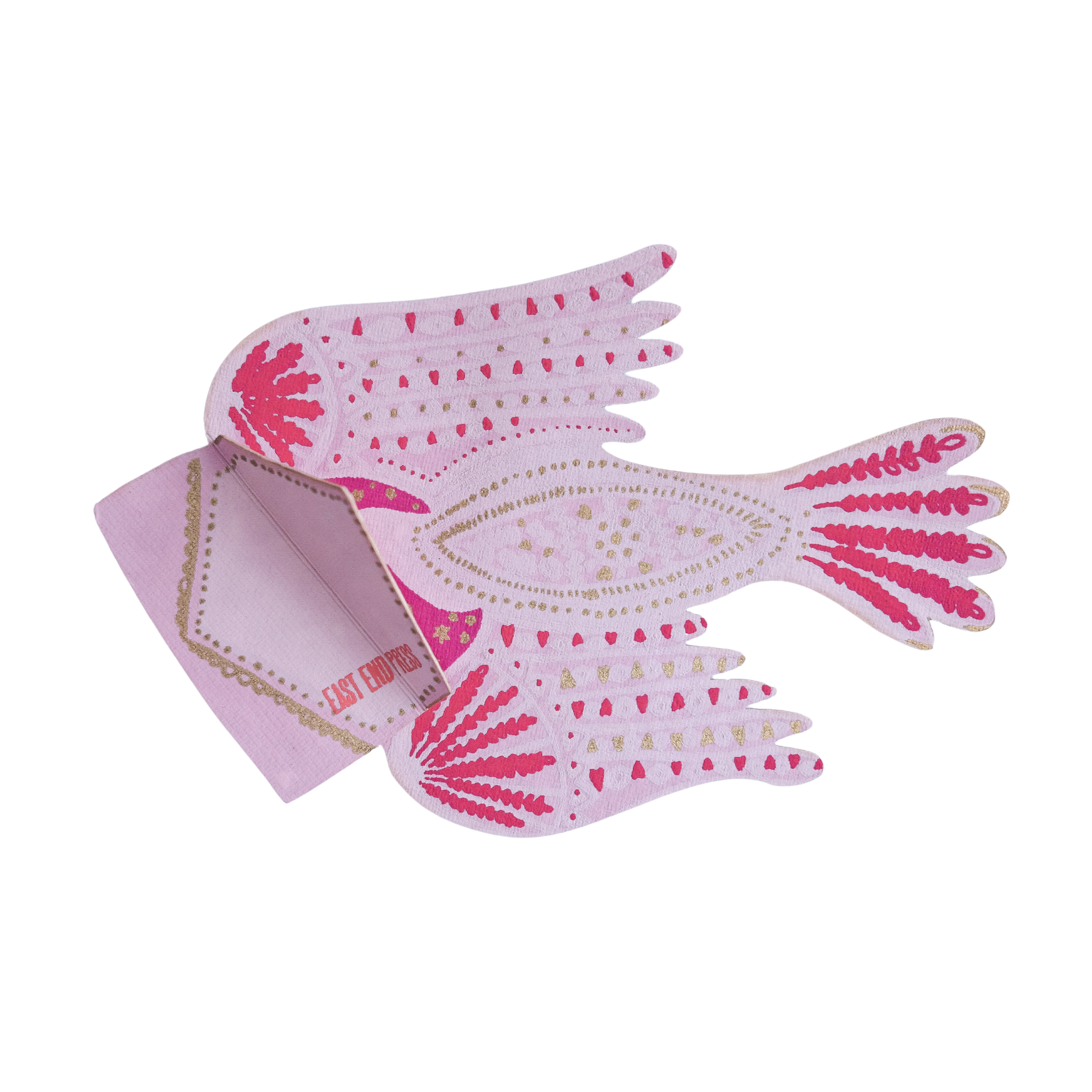 Decorative paper greeting card with pink and gold design on a white background