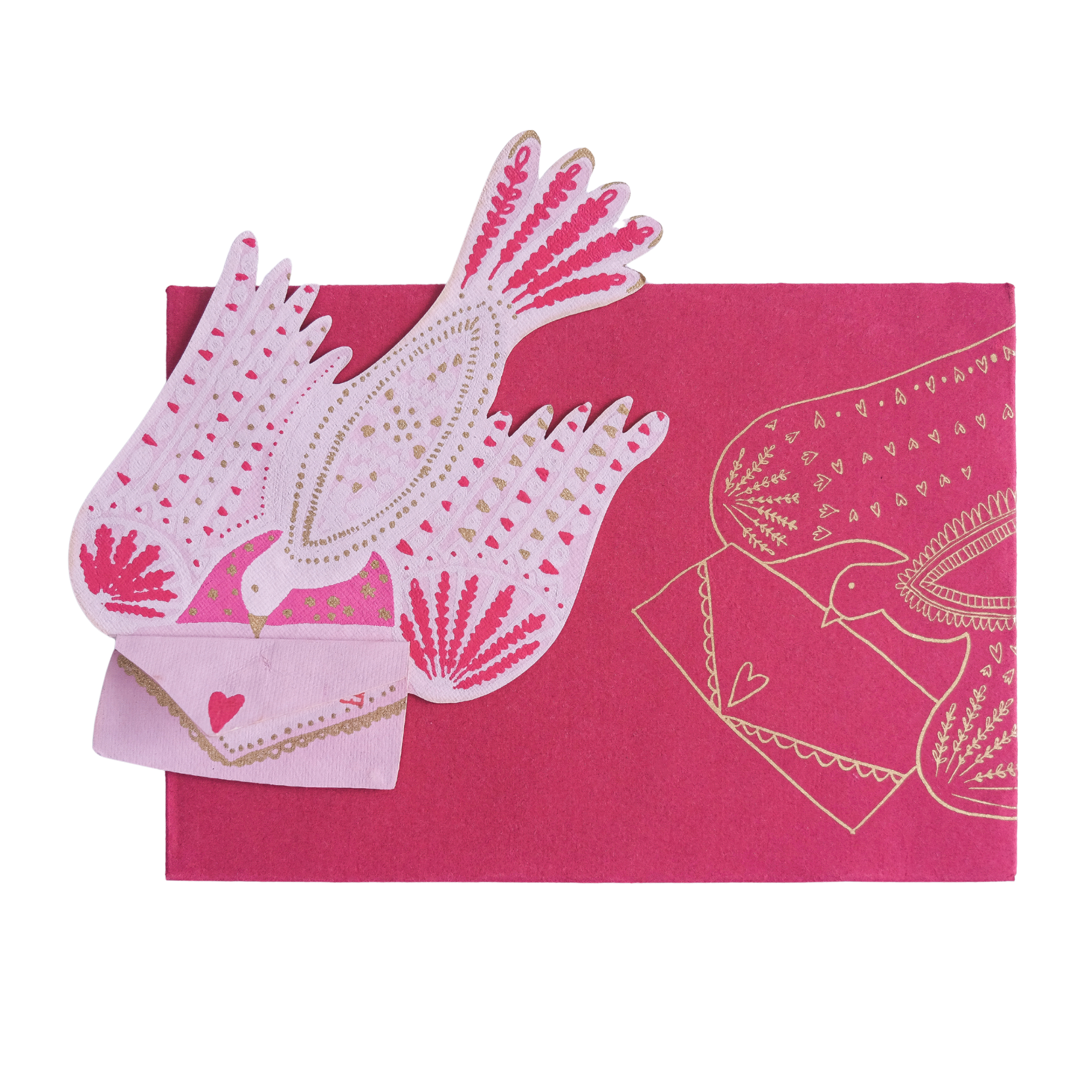 Pink card with white bird design on a white background
