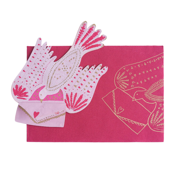 Pink card with white bird design on a white background