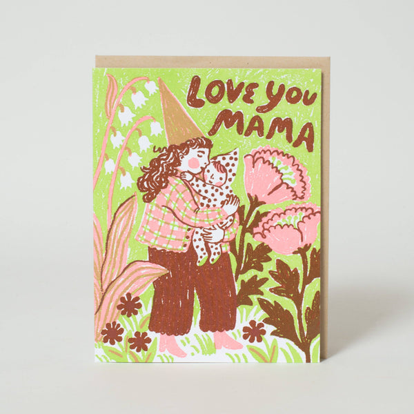 Greeting card with illustration of a gnome hugging a baby and 'Love you Mama' text on a floral background.