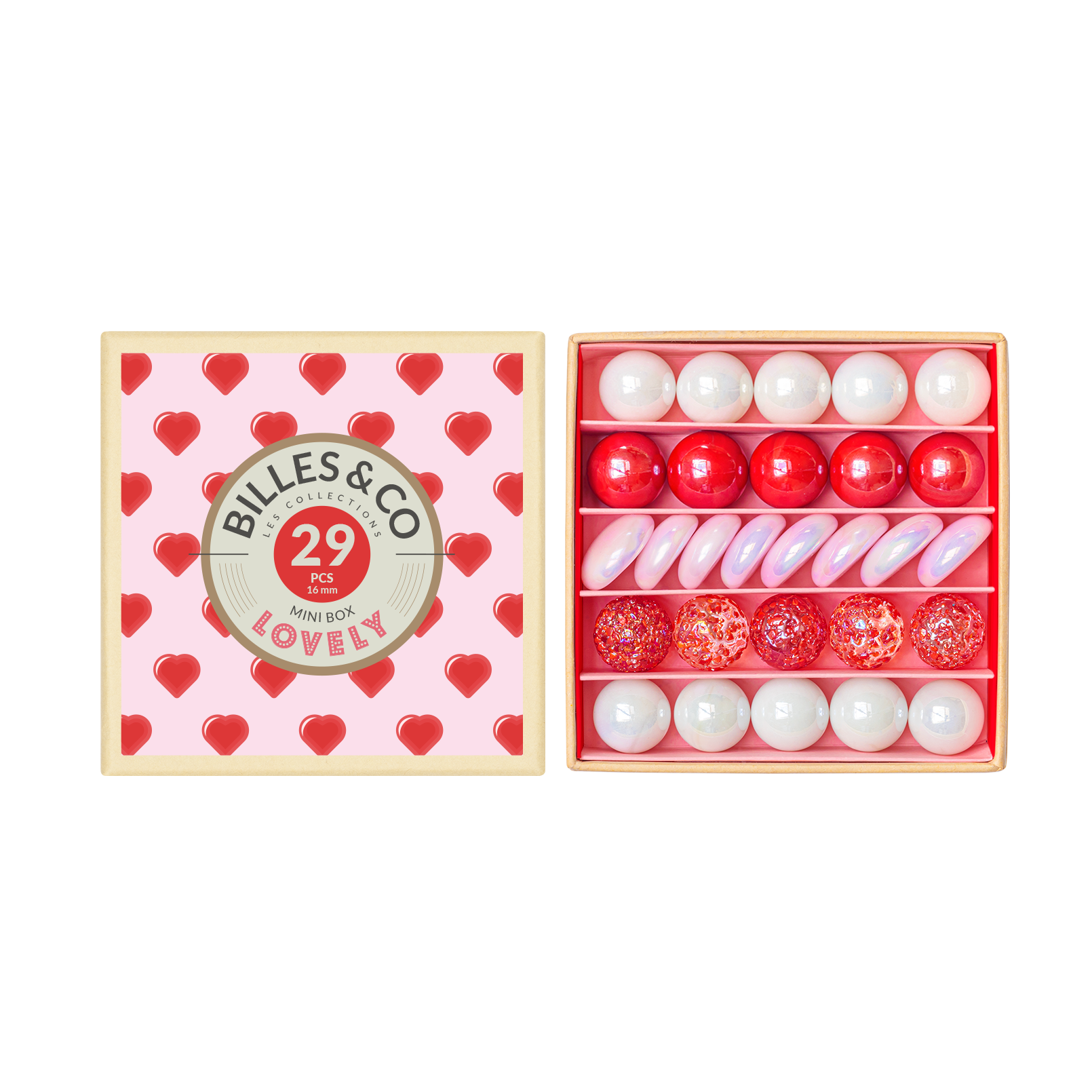 A mini box of marbles with heart-shaped decorations, primarily in red, pink, and white colors, from Billes & Co. brand.