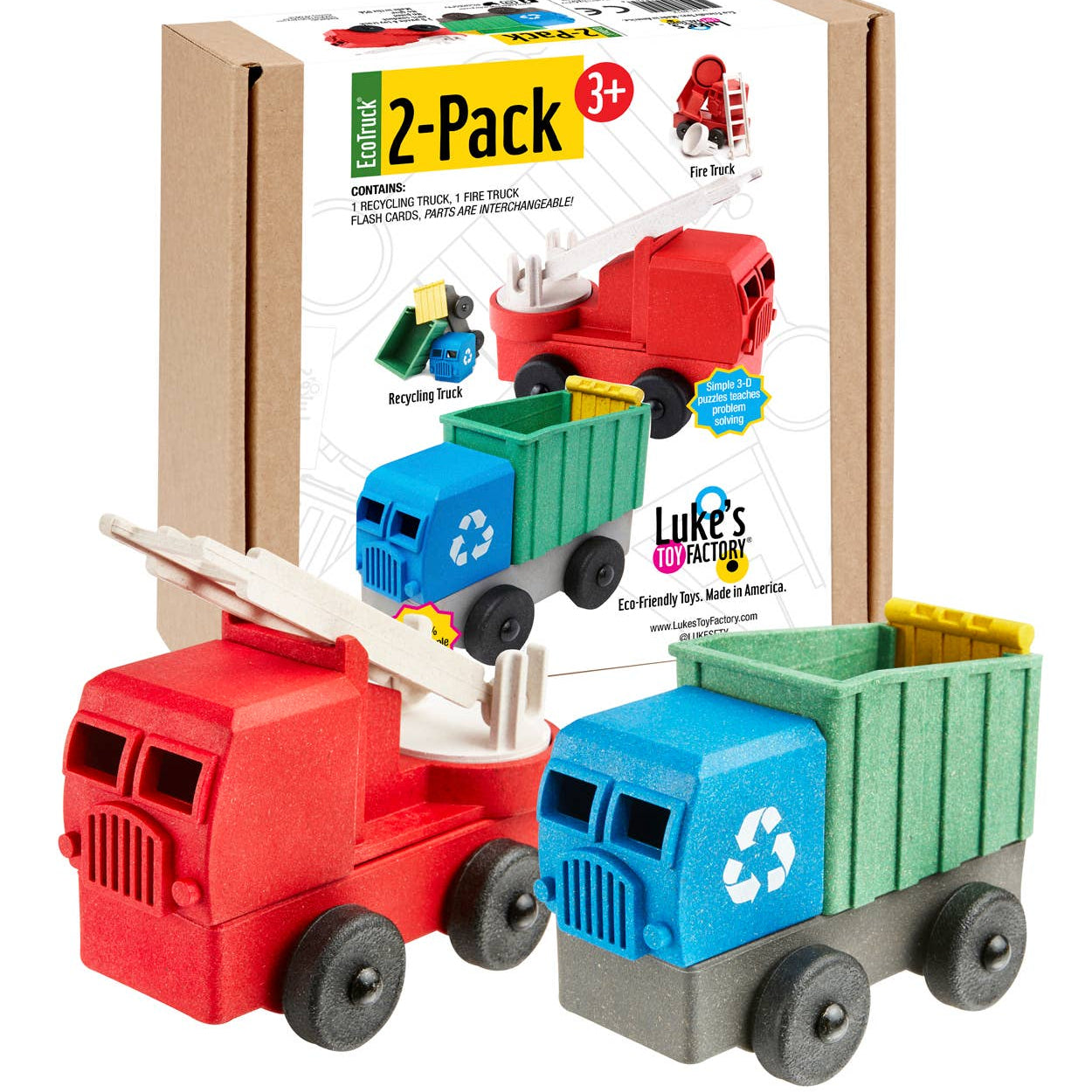 Two toy trucks, one red and one blue with a green bed, in front of their packaging.