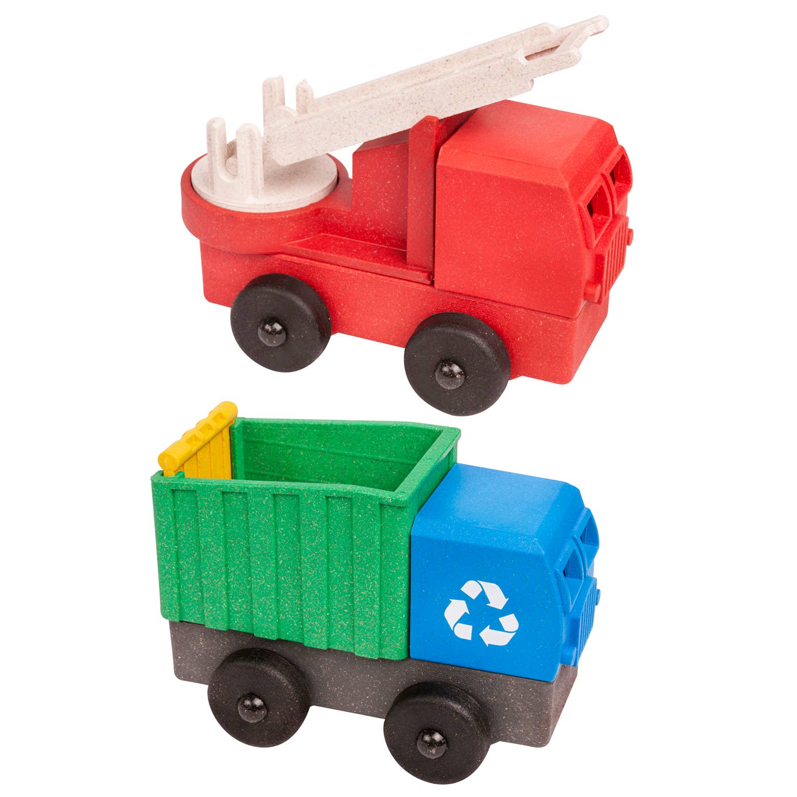 Two toy trucks, one red with a white ladder and one green and blue with a recycling symbol, on a white background.