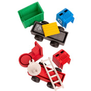 Toy construction set with red dump truck, green and blue boxes on a white background