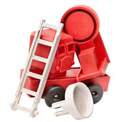 Two red toy fire trucks with white ladders on a white background