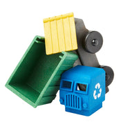 Two toy garbage trucks, one green and yellow, the other blue with recycling symbol, on a white background.