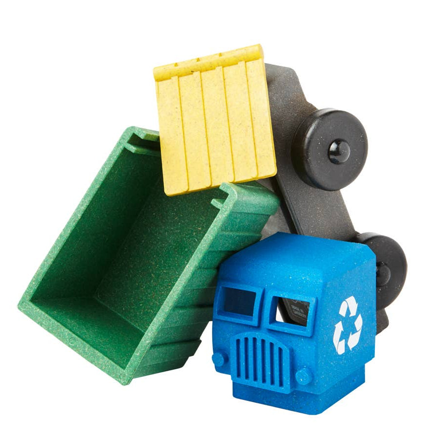 Two toy garbage trucks, one green and yellow, the other blue with recycling symbol, on a white background.