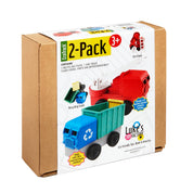 Box of Luke's Toy Factory 2-Pack toy trucks with recycling and fire truck designs.