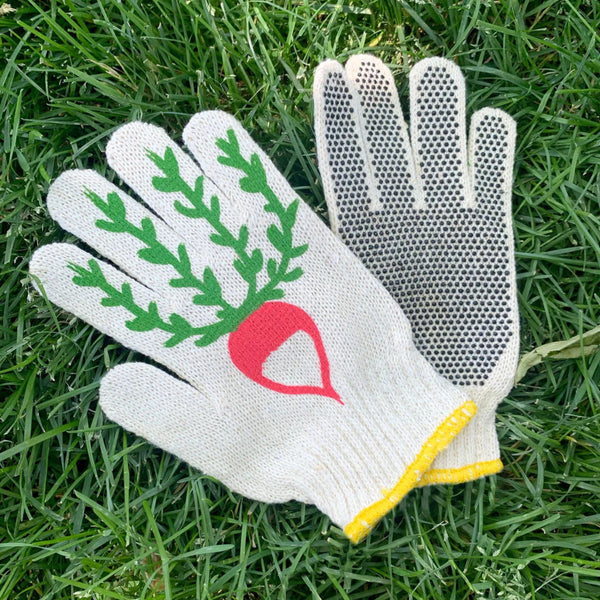 Gardening glove with a radish design on grass